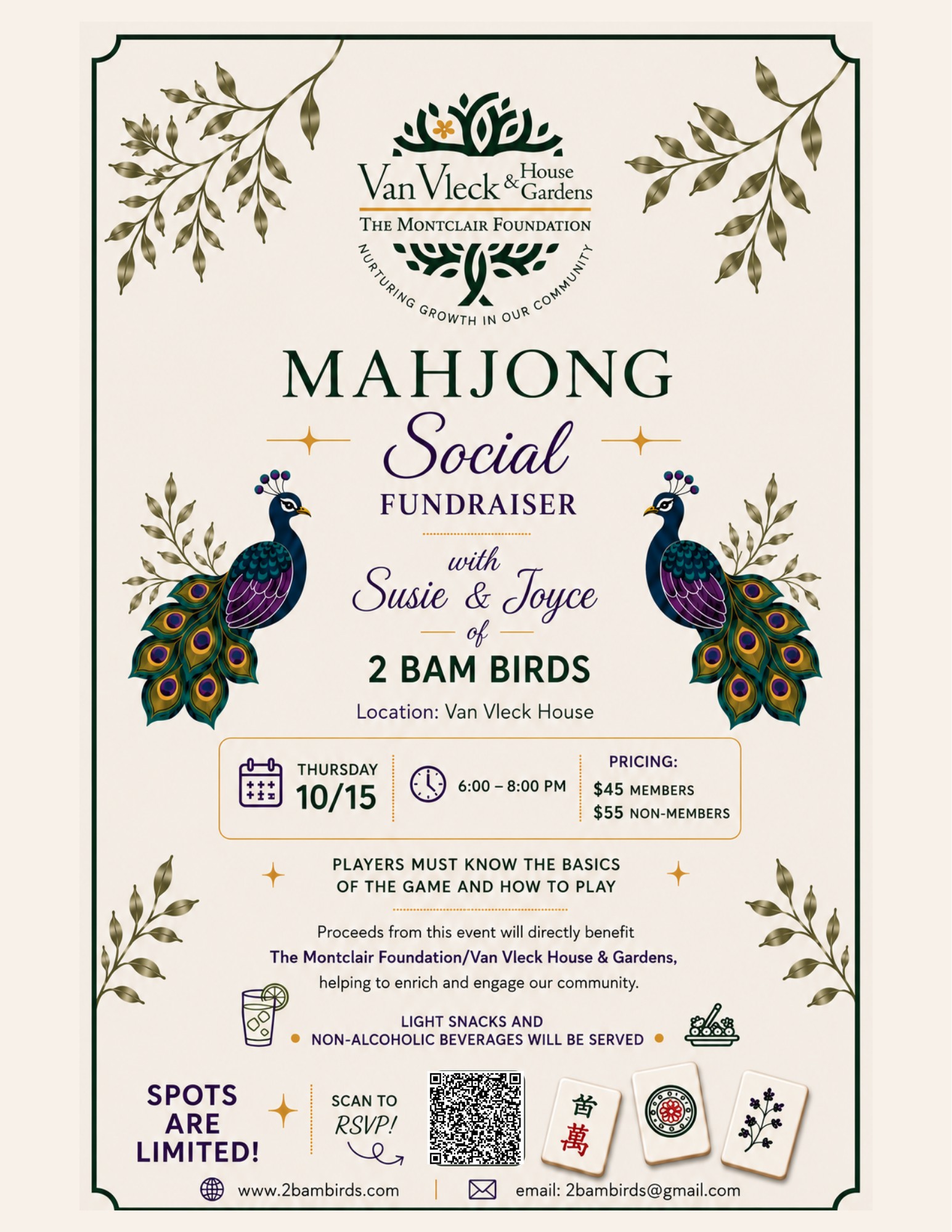 Mahjong Social Fundraiser with Susie & Joyce of 2 BAM BIRDS at Van Vleck House & Gardens — Thursday 10/15, 6:00–8:00 PM. $45 members, $55 non-members.